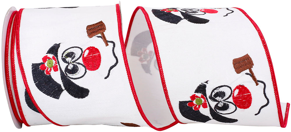 White Red 4 Inch Snowman And Pipe Embroidery Wired Edge Ribbon for Wreaths & Bows