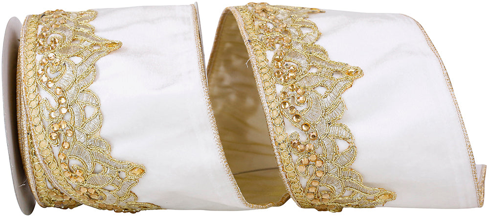 Bejeweled Sequin Trim Plush Velvet Ribbon White 4 Inch