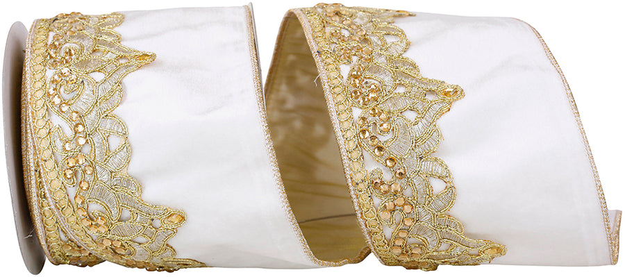 Bejeweled Sequin Trim Plush Velvet Ribbon White 4 Inch
