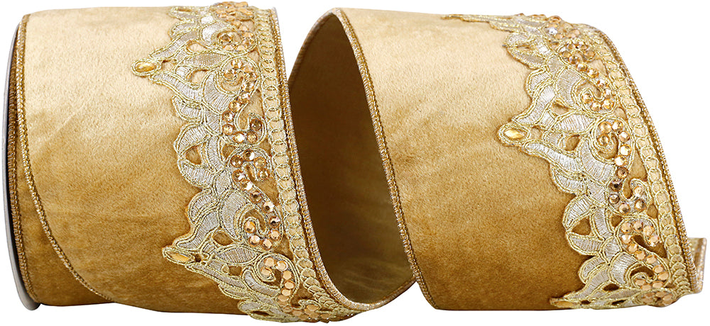 Gold 4 Inch Plush Velvet Wired Edge Ribbon with Sequin Trim