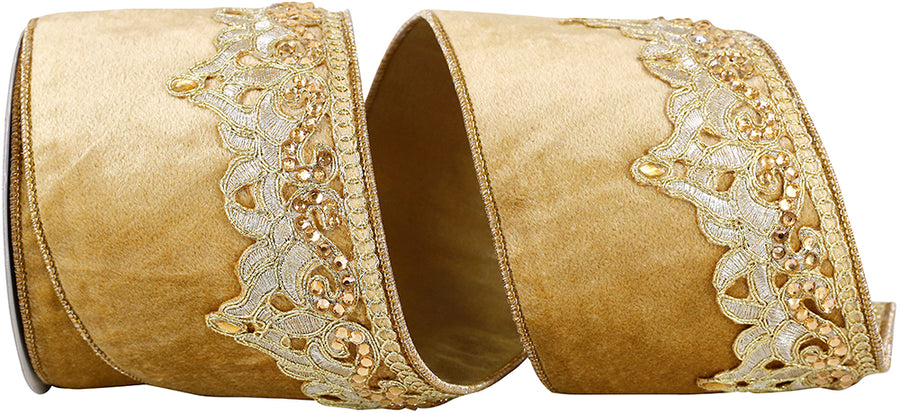 Gold 4 Inch Plush Velvet Wired Edge Ribbon with Sequin Trim