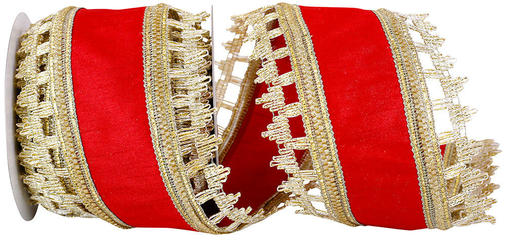 Red Gold 4 Inch Regal Trim Cutout Edge Dupioni Wired Edge Ribbon for Wreaths & Bows
