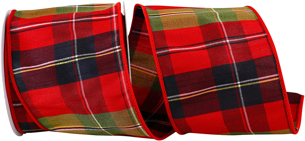 4 Inch Moss Red Dupioni Tartan Grand Plaid Wired Edge Ribbon
