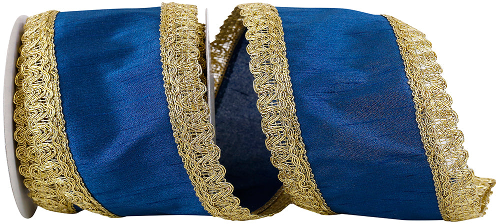 Blue 4 Inch Regal Trim Edge Dupioni Wired Edge Ribbon for Wreaths & Bows