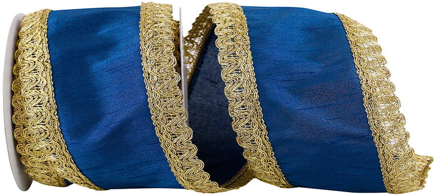 Blue 4 Inch Regal Trim Edge Dupioni Wired Edge Ribbon for Wreaths & Bows