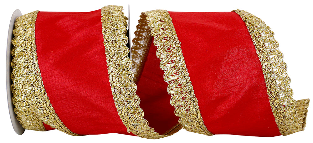 Red 4 Inch Regal Trim Edge Dupioni Wired Edge Ribbon for Wreaths & Bows