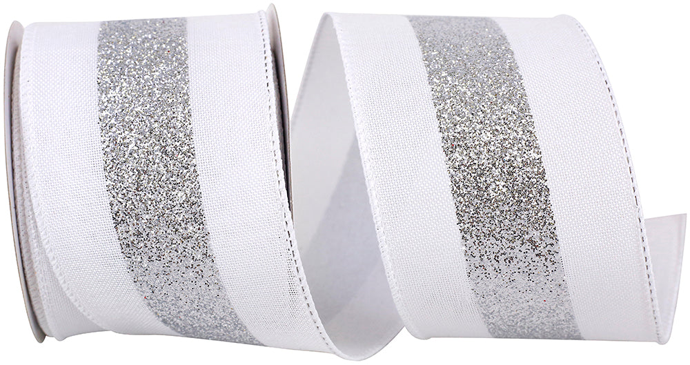 Bold Glitter Center Stripe Linen Ribbon White Silver 2-1/2 Inch