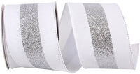 Bold Glitter Center Stripe Linen Ribbon White Silver 2-1/2 Inch