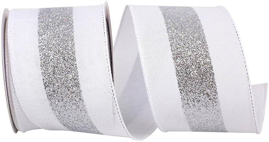 Bold Glitter Center Stripe Linen Ribbon White Silver 2-1/2 Inch
