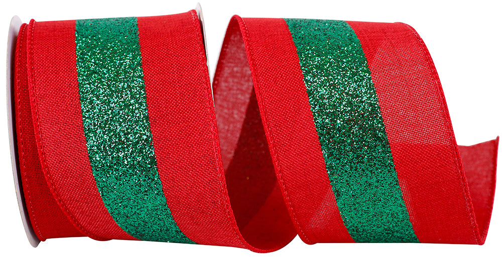 2-1/2 Inch Red Green Glitter Stripe Linen Wired Edge Ribbon