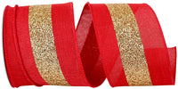 Red Gold 2-1/2 Inch Linen Wired Edge Ribbon with Glitter Stripe