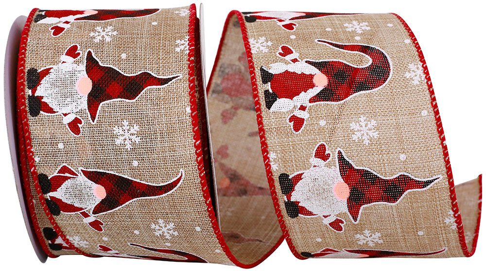 Gnome Wave Linen Wired Edge Ribbon Natural Red 2-1/2 Inch