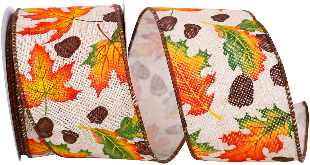 Natural 2-1 2 Inch Fall Leaves And Acorns Hopsack Wired Edge Ribbon for Wreaths & Bows