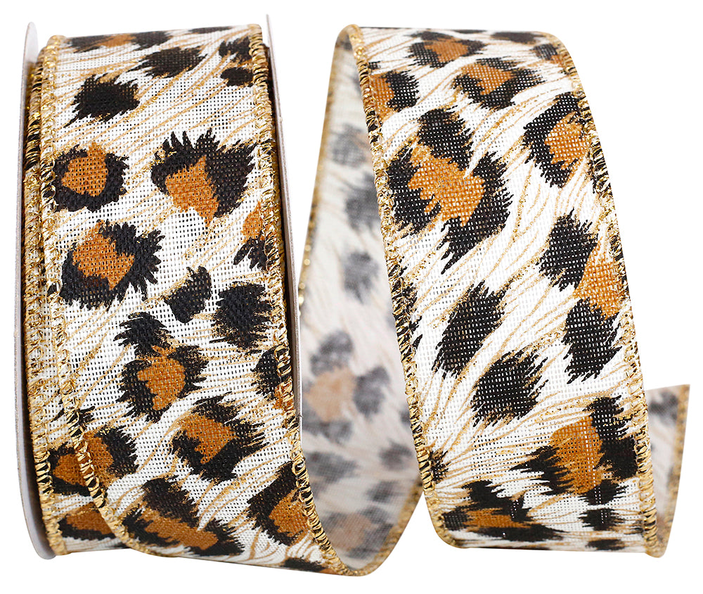 Multi 1-1 2 Inch Cheetah Sparkle Linen Wired Edge Ribbon for Wreaths & Bows