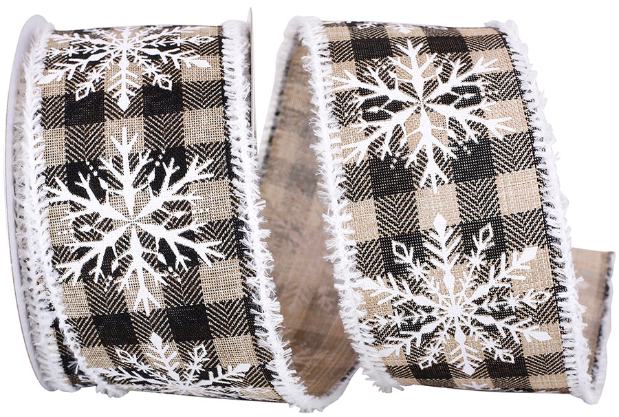 Natural Black 2-1 2 Inch Snowflake Natural Check Frizette Wired Edge Ribbon for Wreaths & Bows