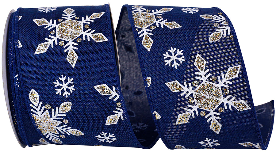 Navy Silver 2-1 2 Inch Snowflake Silver Sparkle Linen Wired Edge Ribbon for Wreaths & Bows