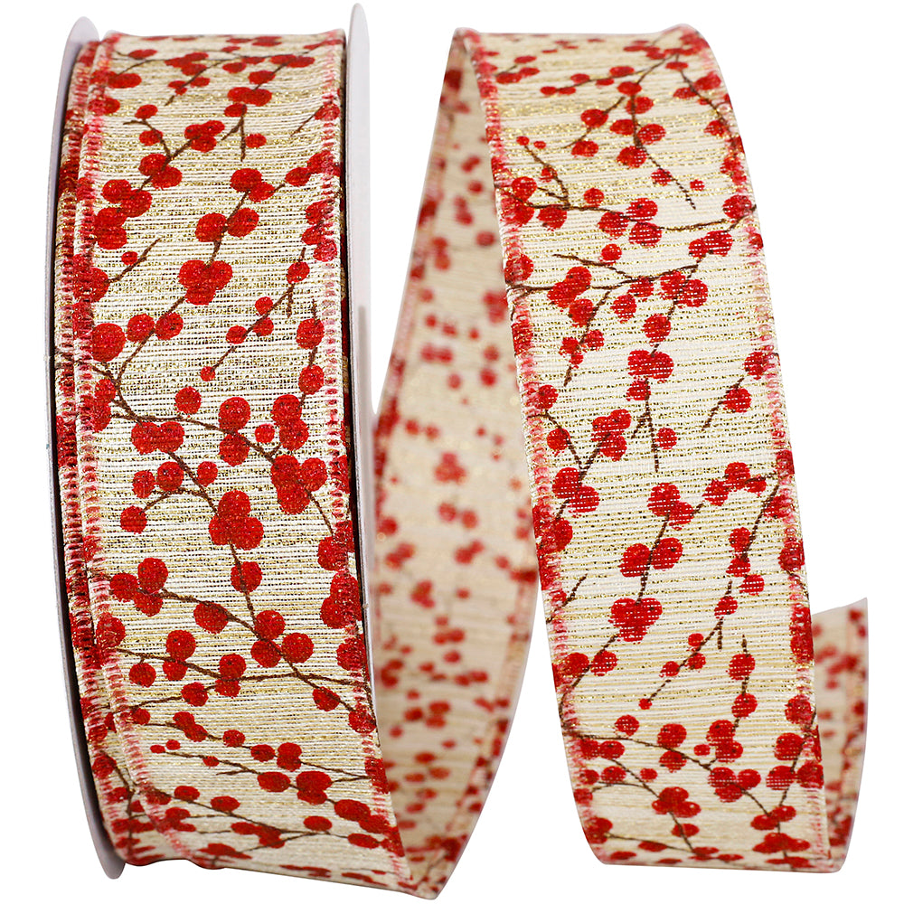 Holly Sparkle Wired Edge Ribbon Gold Red 1-1/2 Inch