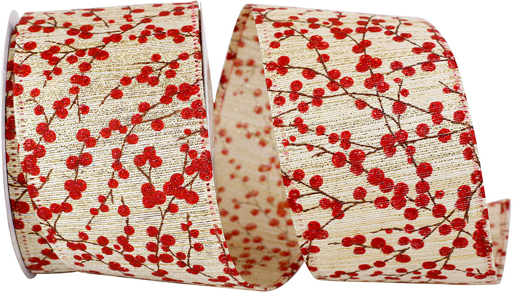 Holly Sparkle Wired Edge Ribbon Gold Red 2-1/2 Inch