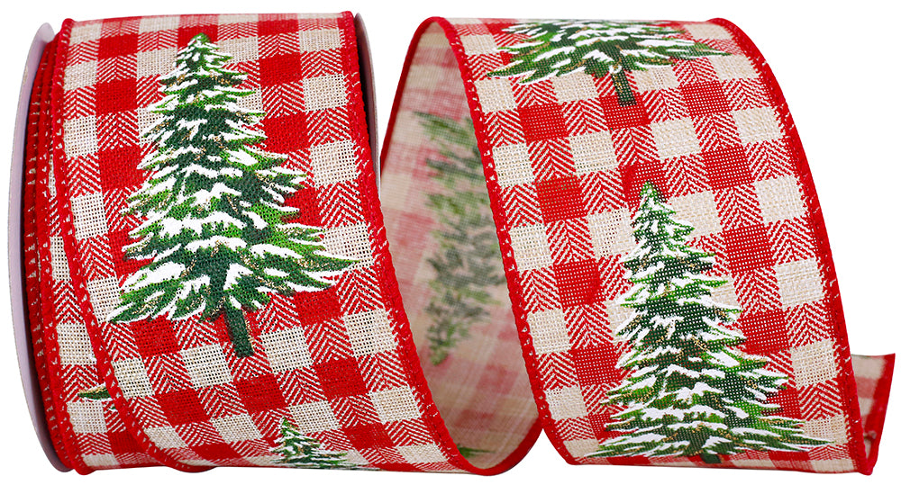 Gingham Wired Edge Ribbon Natural Red 2-1/2 Inch