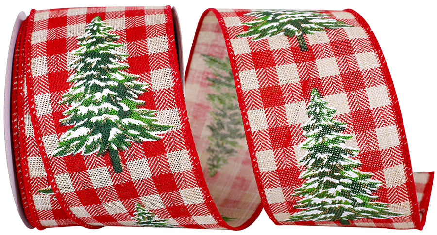 Gingham Wired Edge Ribbon Natural Red 2-1/2 Inch