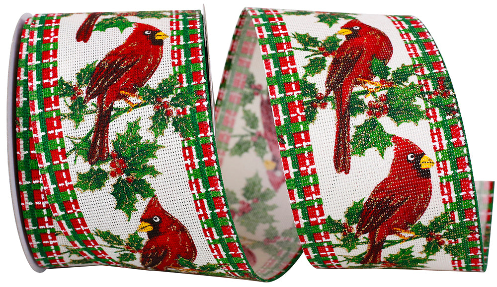 Cardinal Sparkle Wired Edge Ribbon Red Green 2-1/2 Inch