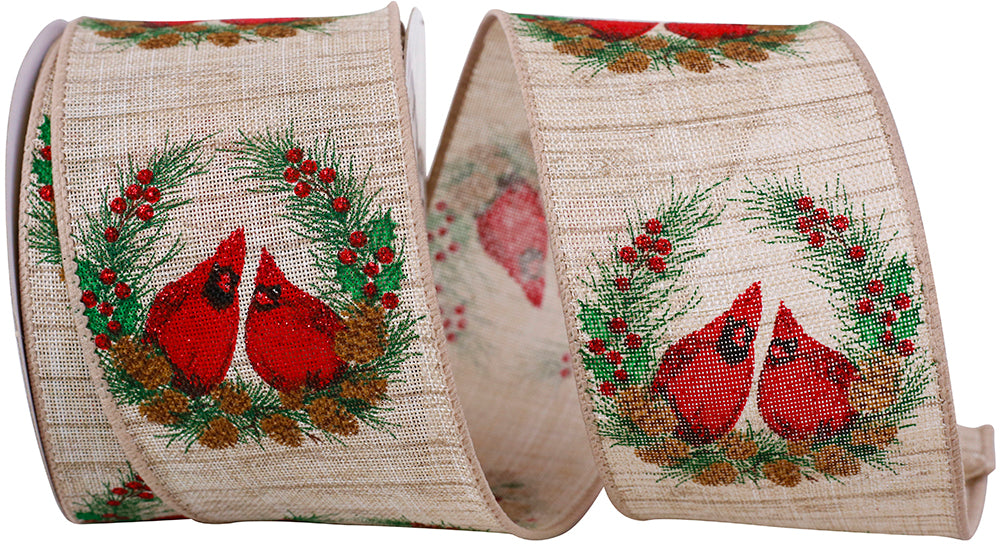 Natural 2-1 2 Inch Cardinal Wreath Linen Wired Edge Ribbon