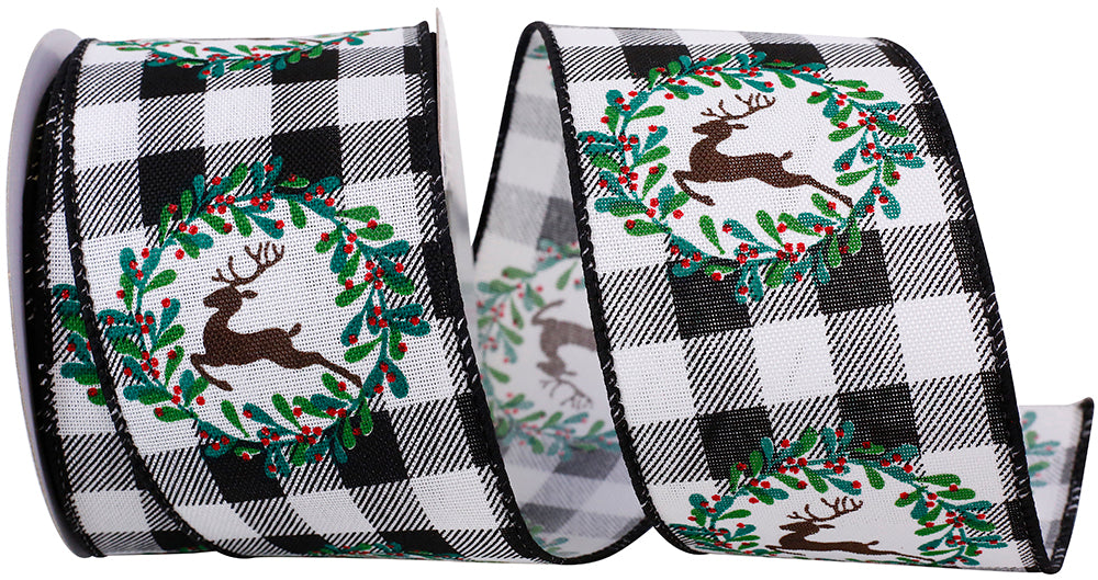 Black White 2-1 2 Inch Deer Emblem Buffalo Check Wired Edge Ribbon for Wreaths & Bows