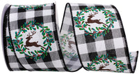 Black White 2-1 2 Inch Deer Emblem Buffalo Check Wired Edge Ribbon for Wreaths & Bows