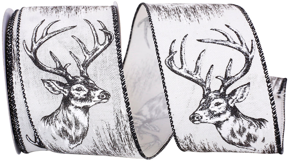 Black White 2-1 2 Inch Deer Antler Monochrome Muslin Wired Edge Ribbon for Wreaths & Bows