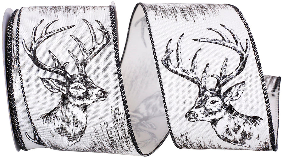Black White 2-1 2 Inch Deer Antler Monochrome Muslin Wired Edge Ribbon for Wreaths & Bows