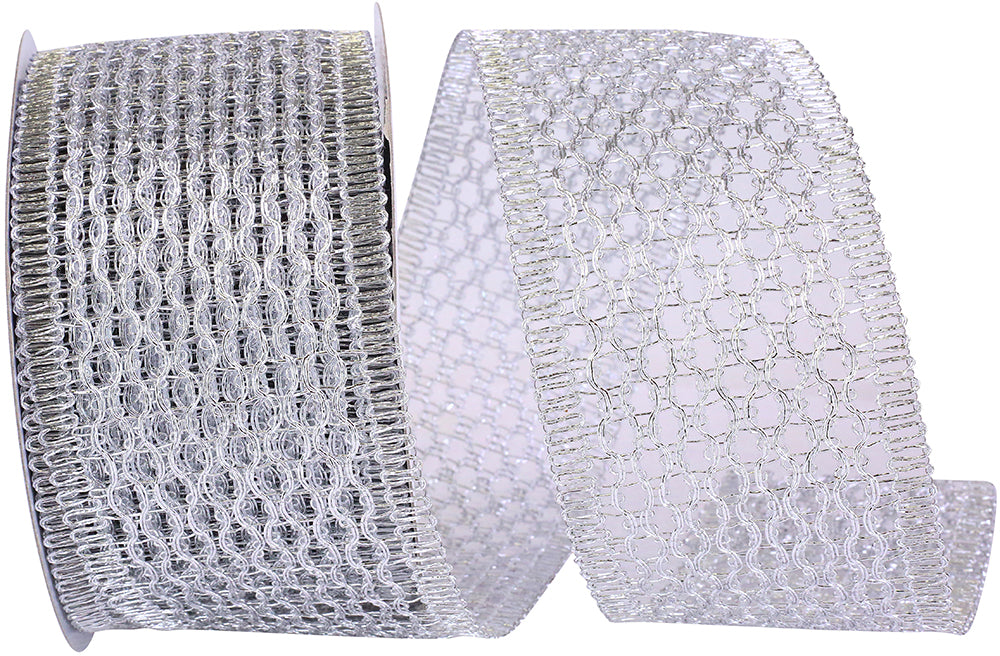 Silver Chain Link Trimming Wired Edge Ribbon 2-1/2 Inch