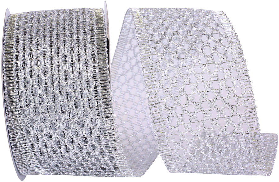 Silver Chain Link Trimming Wired Edge Ribbon 2-1/2 Inch