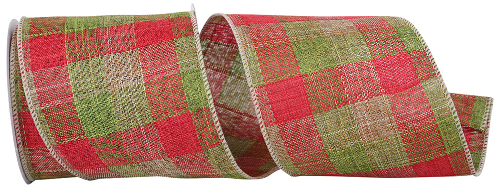 Red Green 4 Inch Linen Natural Lodge Check Stitch Wired Edge Ribbon for Wreaths & Bows