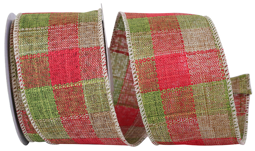 Red Green 2-1 2 Inch Linen Natural Lodge Check Stitch Wired Edge Ribbon for Wreaths & Bows