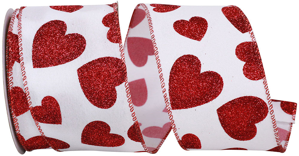 Glitter Hearts Taffeta Wired Edge Ribbon White Red 2-1/2 Inch