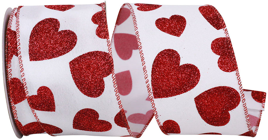 Glitter Hearts Taffeta Wired Edge Ribbon White Red 2-1/2 Inch