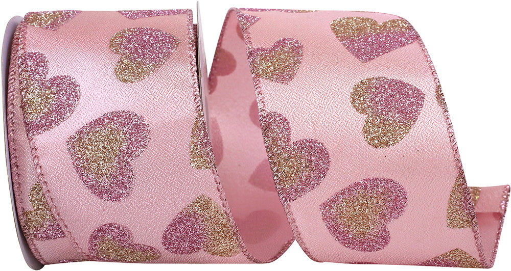 Wired Edge Ribbon Pink Two Tone Hearts 2-1/2 Inch