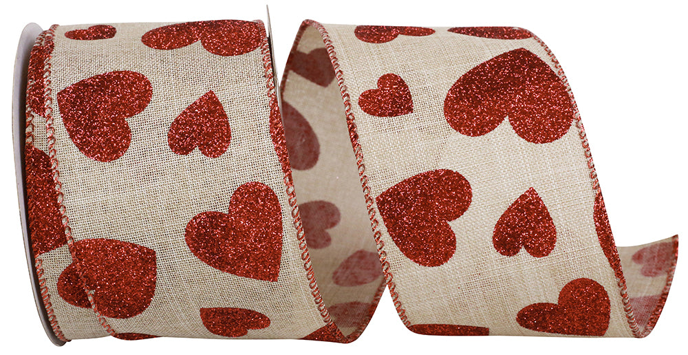 Glitter Heart Toss Ribbon Natural Red 2-1/2 Inch Wired Edge
