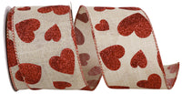 Glitter Heart Toss Ribbon Natural Red 2-1/2 Inch Wired Edge