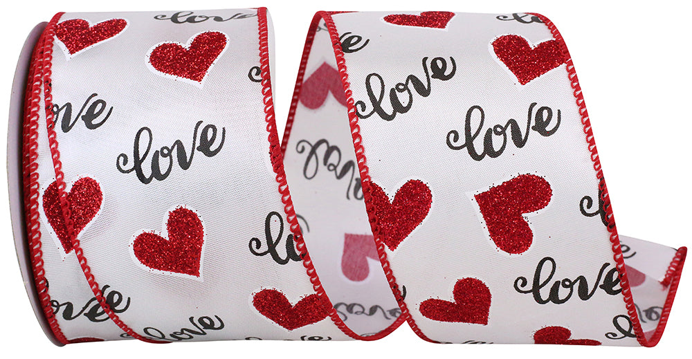 Glitter Hearts Love Wired Edge Ribbon White 2-1/2 Inch