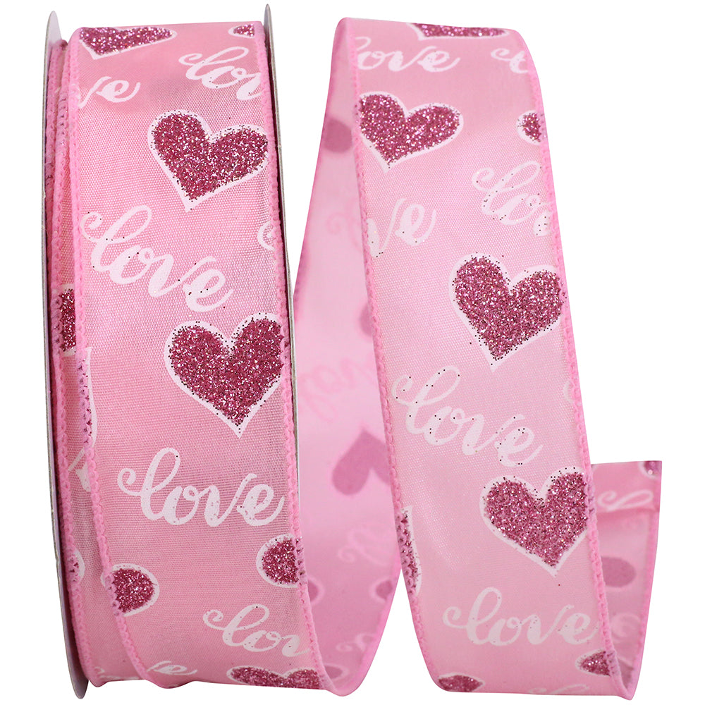 Pink Glitter Hearts Love Ribbon 1-1/2 Inch Wired Edge