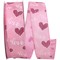 Pink Glitter Hearts Love Ribbon 1-1/2 Inch Wired Edge