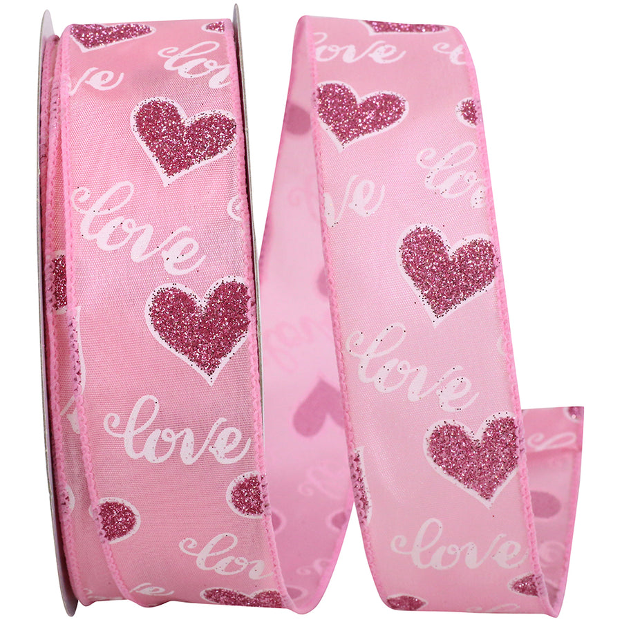 Pink Glitter Hearts Love Ribbon 1-1/2 Inch Wired Edge
