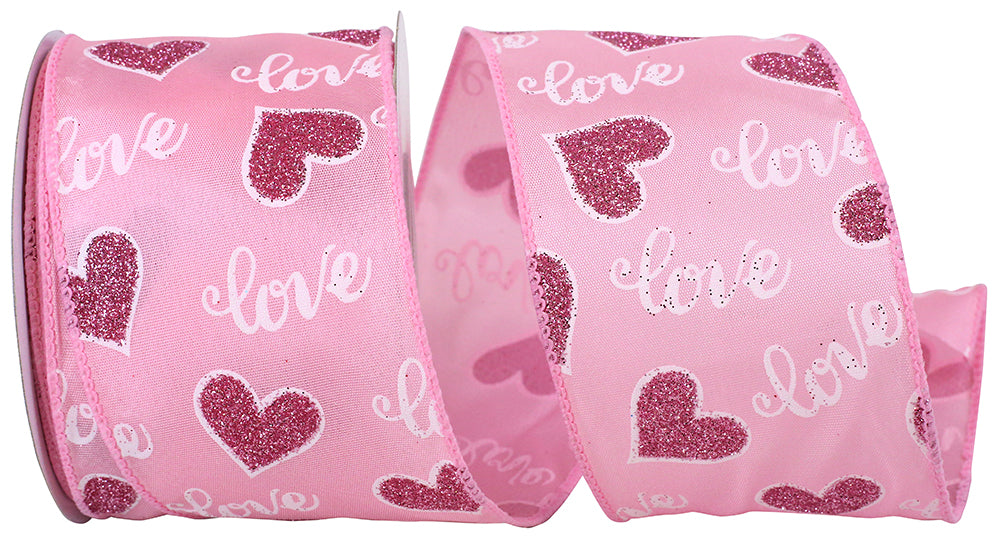 Wired Edge Ribbon Pink Glitter Hearts 2-1/2 Inch
