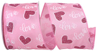 Wired Edge Ribbon Pink Glitter Hearts 2-1/2 Inch