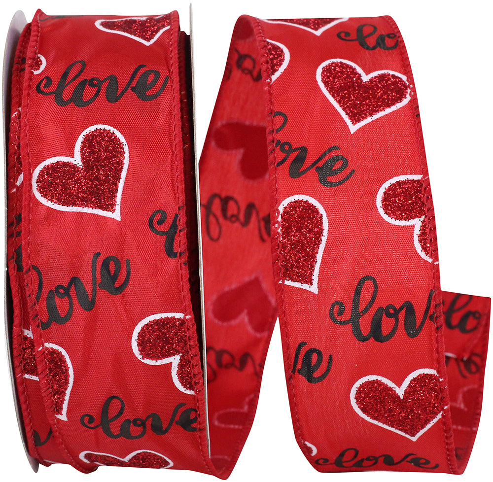 Red Glitter Hearts Wired Edge Ribbon 1-1/2 Inch for Bows