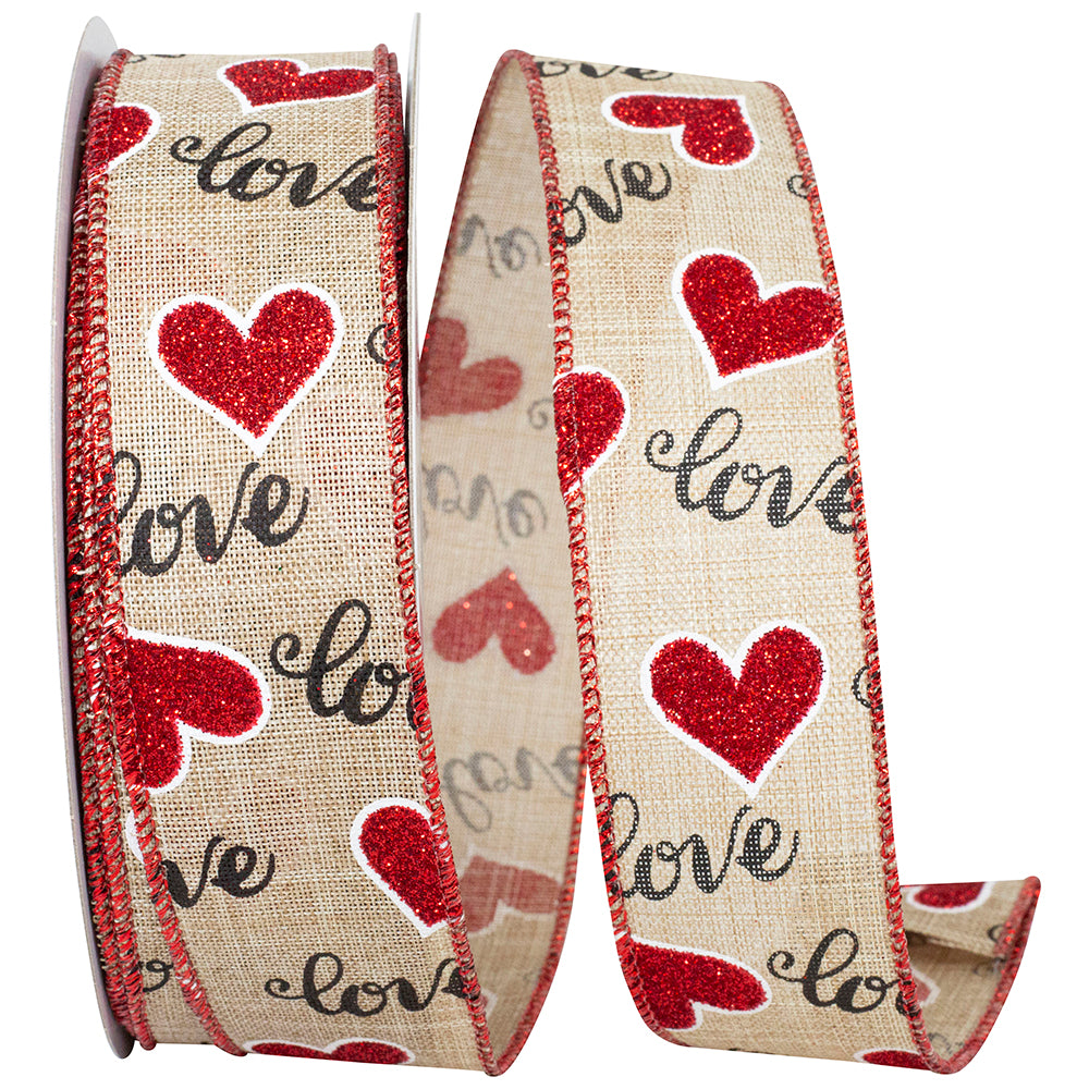 Glitter Hearts Love Linen Ribbon Natural Red 1-1/2 Inch