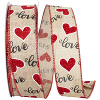 Glitter Hearts Love Linen Ribbon Natural Red 1-1/2 Inch
