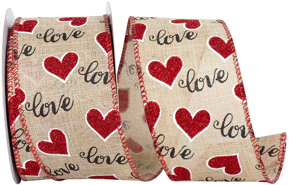 Glitter Hearts Love Ribbon Natural Red 2-1/2 Inch Wired Edge