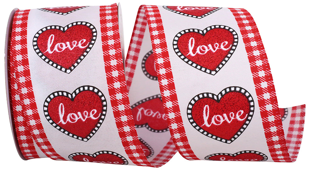 Love Glitter Heart Wired Gingham Edge Ribbon White Red 2-1/2 Inch